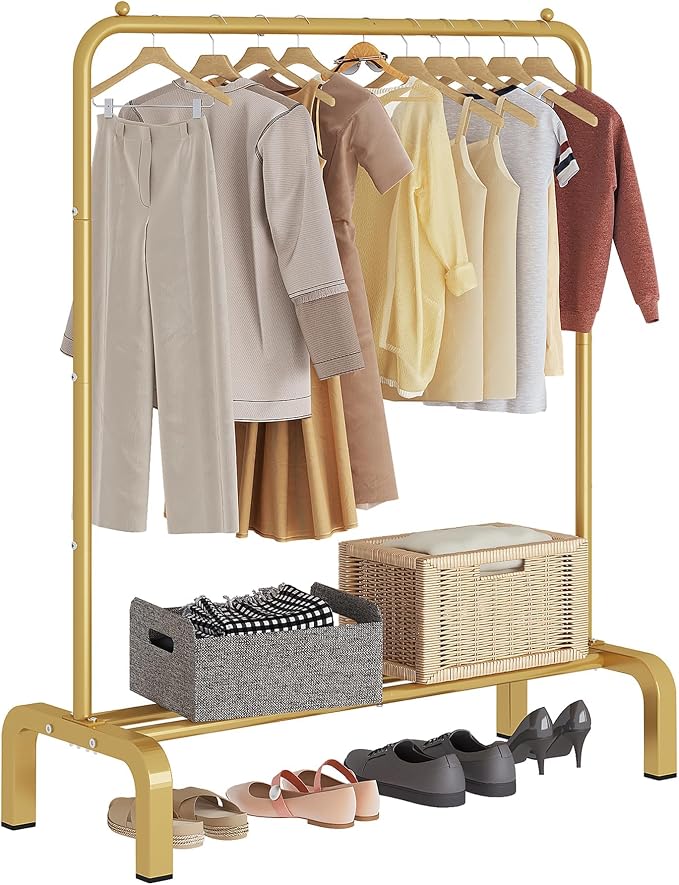 Garment Rack Clothing Clothes Rack for Clothes Organizing Gold | Standard Metal 34 Inches Garment Rack with Bottom Shelf for Hanging Clothes Coats Jackets Shirts Sweaters Jeans Gold