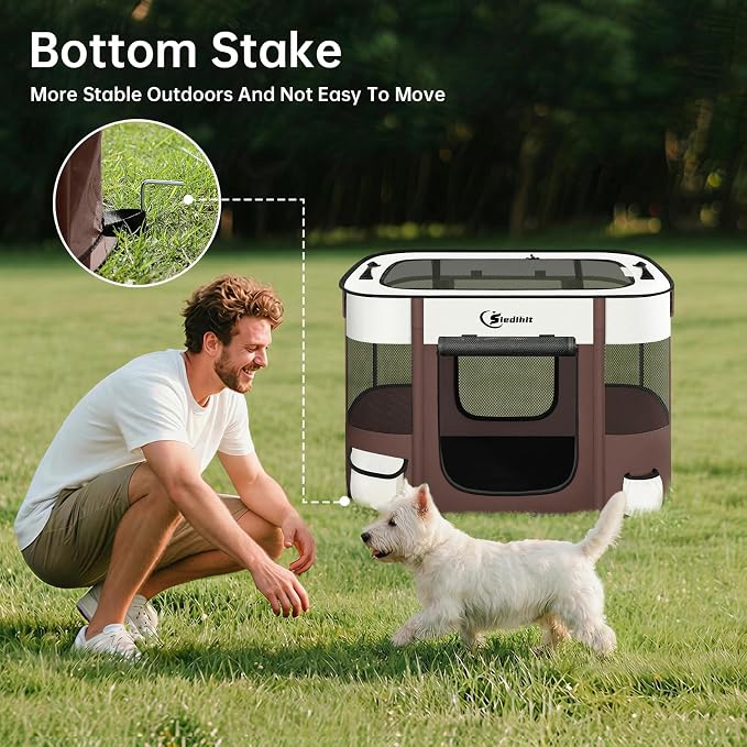 Siedihit 28" Dog Playpen,Cat Puppy Pen, Pet Portable Crate Indoor Outdoor | Durable Travel Camping Use,Foldable Dog Kennel Tent Cage for Rabbit Small Animals with Carrying Case(Brown, Small)