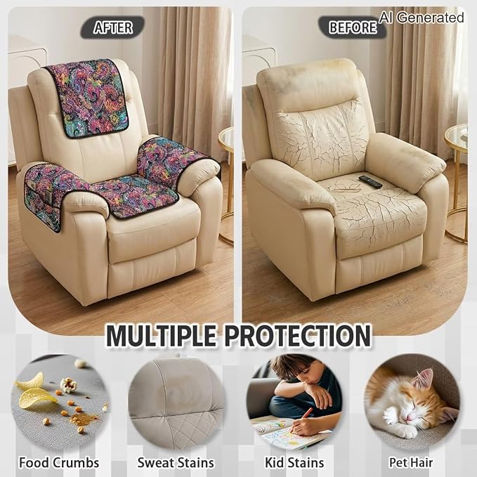 Paisley Floral Lazy Boy Recliner Chair Covers Cat Proof 4-Piece | Quilted Recliner Protectors with Pockets Non Slip Washable Elegant Chair Cover for Pet Kids Living Room Office