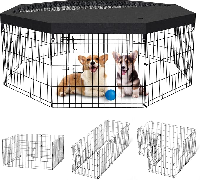 Peekaboo DogPlaypen 24 in-8 Panel Metal Rustproof Pet Fence with Top Cover | 24 Inch 8 Panel Foldable Rustproof Black Metal Dog Playpen with Octagonal Top Cover