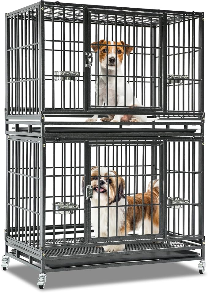 Homey Pet 37 Inch Two Tiers Stackable Dog Crates for Medium Dogs | Indestructible Heavy Duty Dog Cage with with Lockable Wheels, Removable Tray, Opent Top, Escape Proof Locks, Bowls