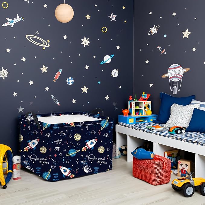 Rectangular Space Basket for Boys Baby Storage Basket Storage Bin Organizer Box Room Decor(Rocket Planet)