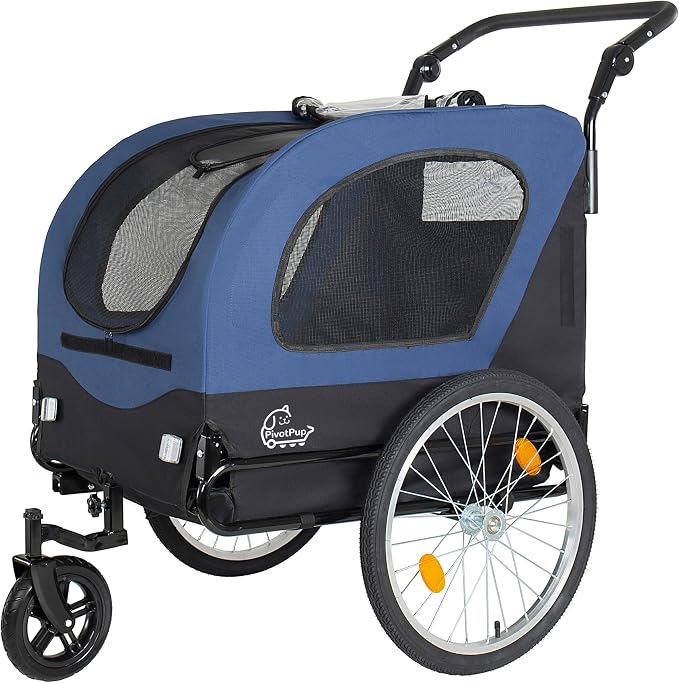 2-in-1 Bike Trailer & Pet Stroller for Dogs up to 110lbs– Foldable Pet Carrier Cart with Front Caster & 20'' Quick Release Air-Filled Wheels, Breathable Mesh and PVC Rain Cover, Dark Blue