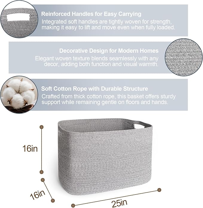 108L Large Storage Basket, 25"x16"x16" Blanket Storage for Living Room, Big Woven Rope Kids Dog Toy Bin Box, Nursery Baby Laundry Basket, Super Large Bin for Blankets, Shoes, Towels, Gray