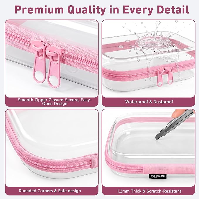Clear Hard Shell Zipper Case Makeup Storage Organizer Pouches TSA Approved | Travel organizer bags for toiletries, cosmetics, electronics & diaper bins. Multi-size for office, camping, beach & home