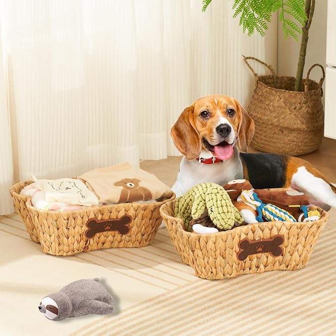 Wicker Basket for Pet Toys, 2 Pack Stylish and Natural Dog and Cat Toy Basket, Dog Storage Organizer with Bone Shape