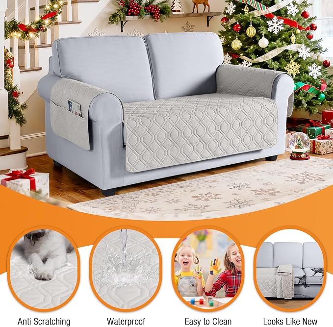 VANSOFY Waterproof Loveseat Couch Cover for Pets, Off White, 54" | Non-Slip, Washable, Utility Pockets, Pet Friendly, Furniture Protector Slipcover for 2 Cushion Plus Couch