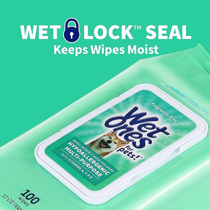 Wet Ones for Pets Hypoallergenic Multipurpose Dog Wipes with Vitamins A, C and E - Fragrance-Free Dog Grooming Wipes with Vitamins, Wet Lock Seal, 100 Count - 12 Pack