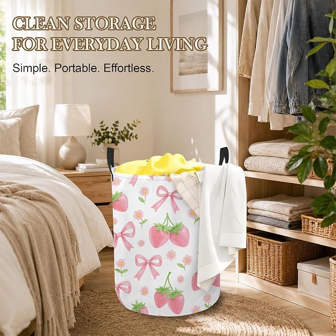 Laundry Hamper, Pink Strawberry Collapsible Bow Floral Laundry Baskets Waterproof Oxford Cloth With Handles, Clothes Storage Bucket For Bathroom/Bedroom 16" x 20.8"