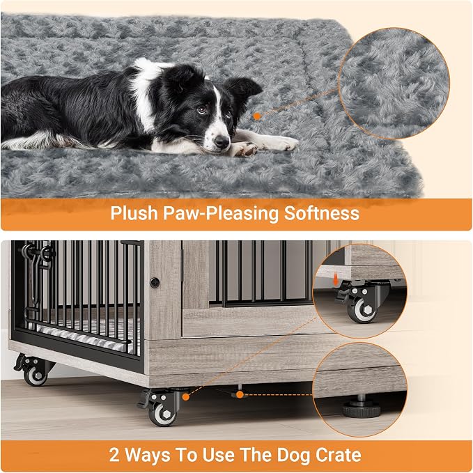 44'' Decorative Large Dog Crates Furniture w/Cushion & Wheels Wood Kennel | Grey, Double Doors, Wooden Dog Cage, Chew-Resistant, End Table, Decorative, 27"/32"/38"/44" Options, Indoor