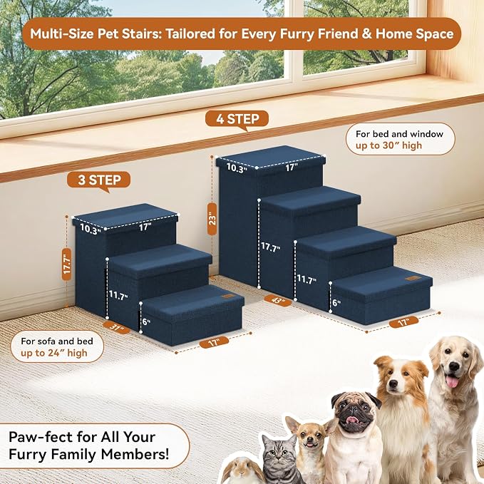 Zerbuger Dog Stairs with Storage, Navy Blue 4 Steps Dog Ramp no Condo | 23" H Wider Dog Steps for High Beds Couch, Folding Storage Pet Stairs Gift for Climbing Small/Medium/Large Old Dogs Cats