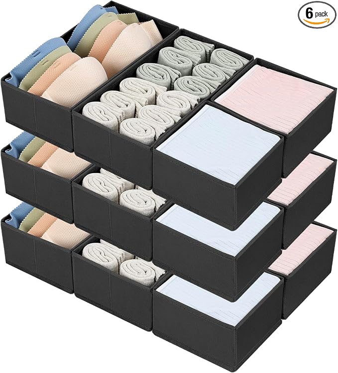 DIMJ Drawer Organizers, Set of 12 Clothes Drawer Organizer, Foldable Closet Drawer Organizer, Dresser Drawer Organizers Dividers for Baby Clothes, Socks, Belt, Tie (Black)