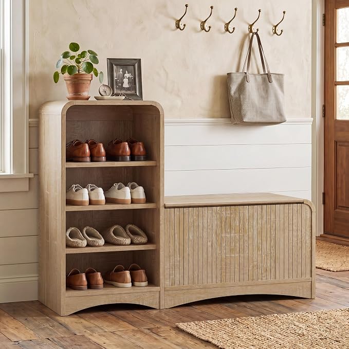 L-Shaped Shoe Storage Bench with Lift Top Box & Shelf, Natural | Durable Wood Cabinet With Hidden Storage For Entryway, Hallway, Apartment