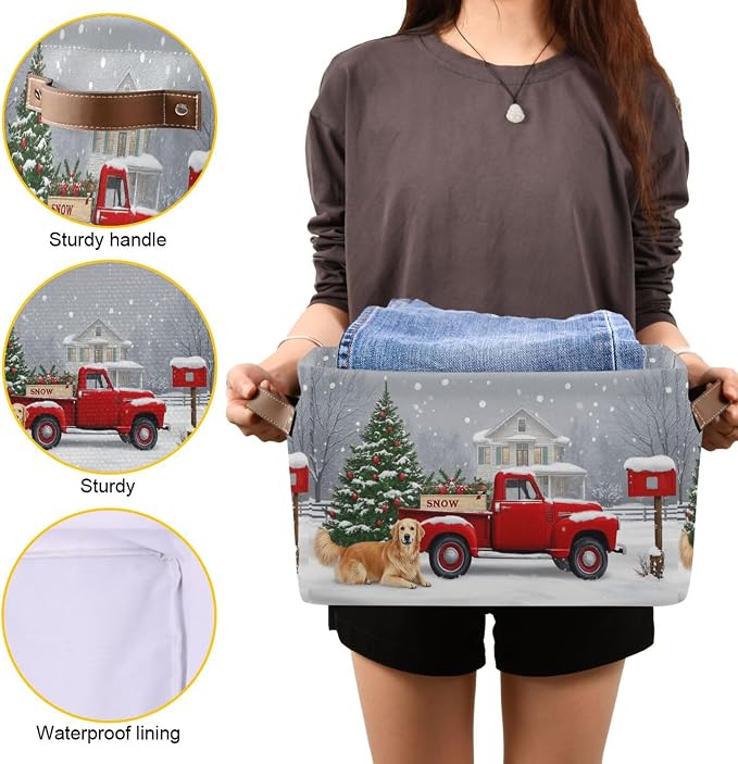 Christmas Tree Red Truck Storage Basket Fabric Laundry Baskets Winter Snowman Snowflake Golden Retriever Dog Storage Boxes Organizer Bag for Cloth Toy Book Storages Shelf Closet Bins 16×12×8 2 Pack