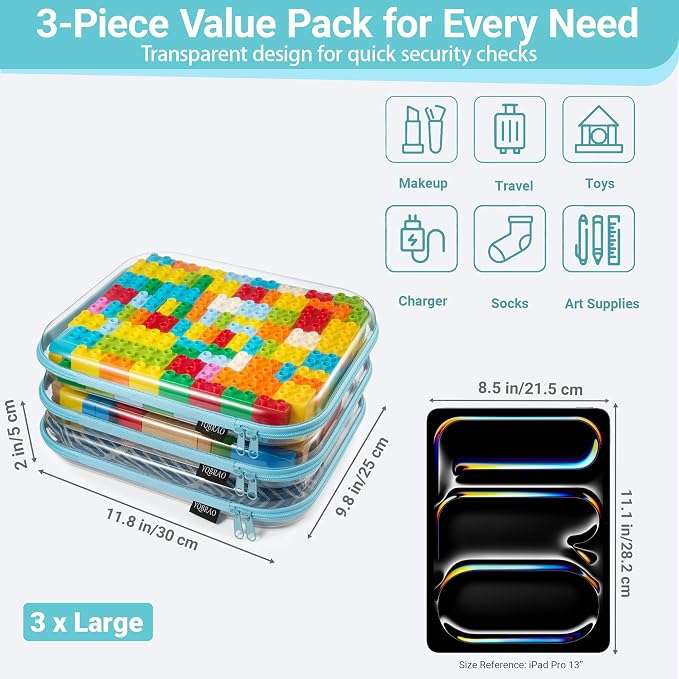 YQBRAO Clear Hard Shell Zipper Cases, 3 Large Travel Organizers, Blue | Rigid 1.2 mm PET and YKK dual zippers for full-size toiletries, makeup palettes, electronics and craft supplies