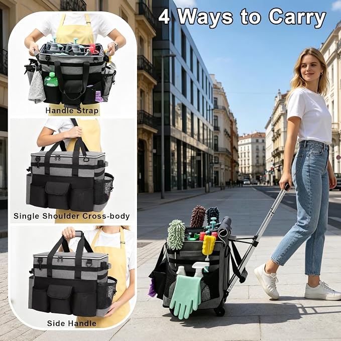 Large Rolling Cleaning Caddy with Wheels, Cleaning Supplies Organizer | With Detachable Trolley, Water-resistant Cleaner Cart for Housekeepers, Multi Pocket Cleaning Cart with Strap, Gray