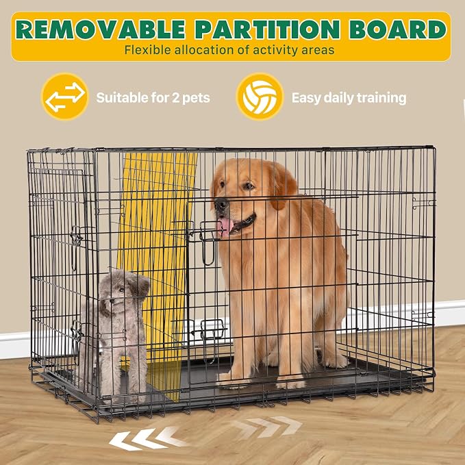 Extra Large Dog Crate 48 Inch, Metal Wire Foldable Dog Cage Kennel | Double Door, Secure Lock, Plastic Leak-Proof Pan Tray, Indoor Outdoor Training Pet