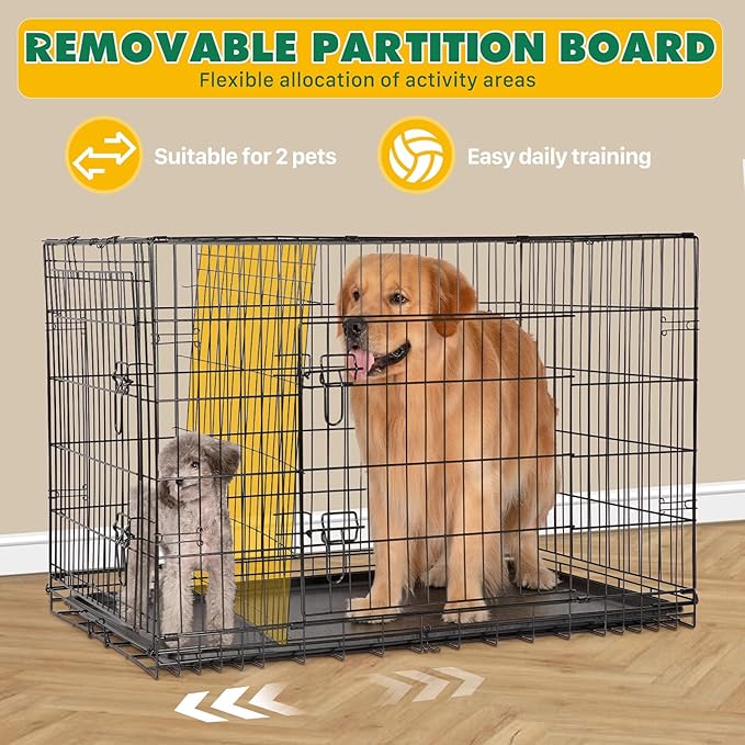Dog Crate 42 Inch Large Dog Cage Foldable Indoor Outdoor Pet Kennel | Double Door Metal Wire Portable Dog Kennel with Secure Lock, Leak-Proof Pan Tray, Dog Training and Travel
