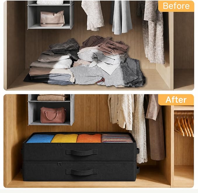 2-Pack Under Bed Storage Containers, 4.5 Inches Tall Clothes Storage, Black | Low Profile Collapsible Underbed Organizer Bin with Sturdy Sidewalls/Bottom, Cotton-linen bins, For Seasonal Clothes