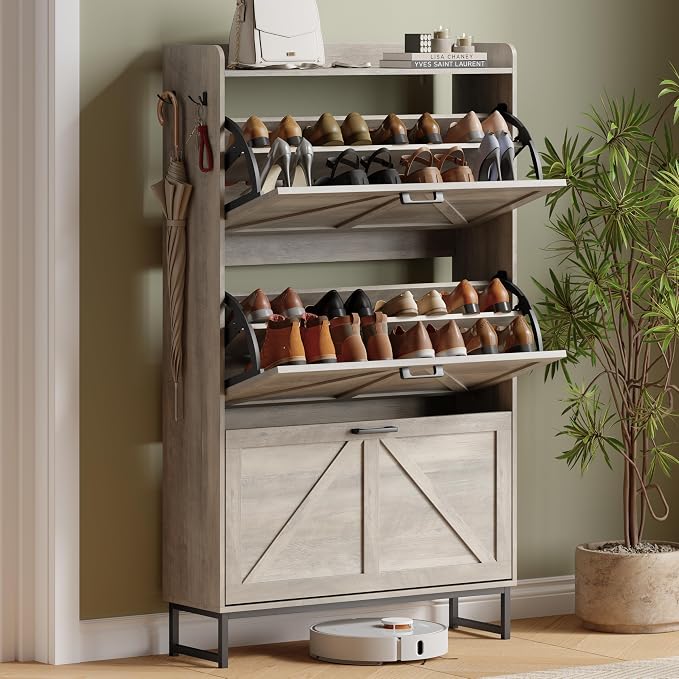 Xixini Shoe Storage Cabinet with 3 Flip Drawers, Entryway Shoe Rack, Grey | Freestanding Narrow Shoe Storage, Hidden Slim Wood Shoe Organizer, Modern Farmhouse, Open Storage & Hooks for Closet, Hallway