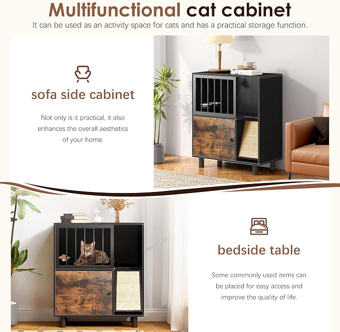 Dog-Proof Wood Cat Feeding Station with Lockable Storage & 2 Removable Stainless Steel Bowls - Anti-Spill Cat Condo with Scratching Board for Indoor Multi-Pet Homes