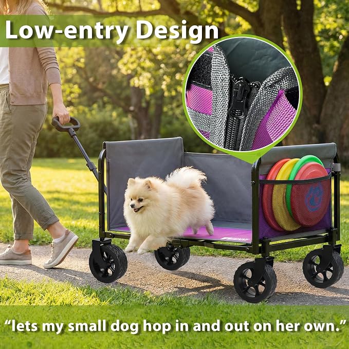 Pink Folding Wagon Cart with Wide Wheels, Lightweight & Portable, Easy Fold & Removable Side Utility Wagon for Groceries, Gardening, Camping, Pet Use