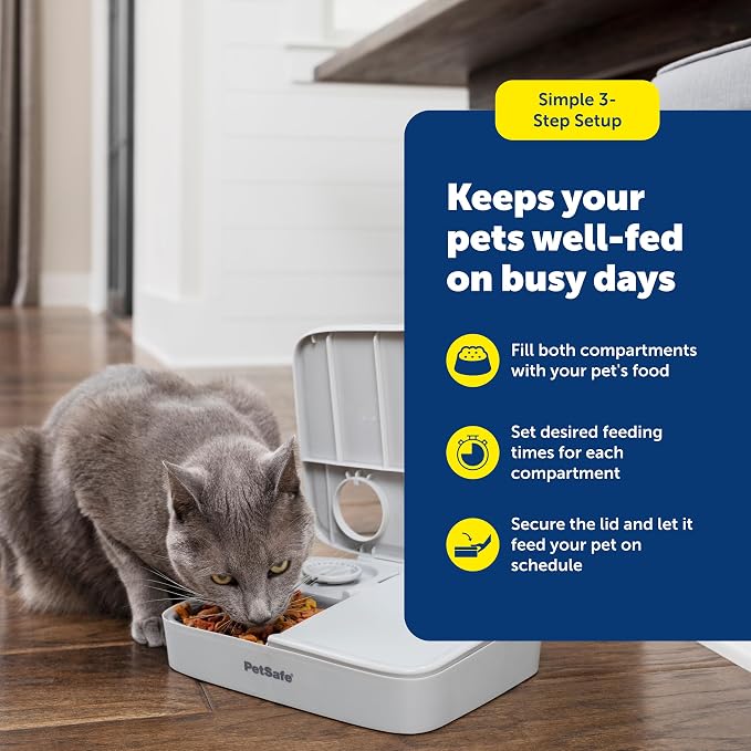 PetSafe Analog 2 Meal Pet Feeder, Dog & Cat, 3 Cup/16 oz, Tamper-Resistant | Slow Feed Portion Control, Dial Timers Schedule 2 Automatic Meals in 30-Min Steps, Each Compartment Holds up to 1.5 Cups