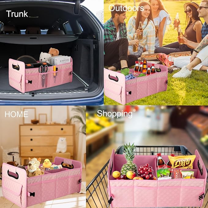Car Trunk Organizer for SUV, Collapsible Car Storage Organizer Large Pink | Sturdy, Strong Capacity, Diamond Decor, Multi Compartment Container Box Adjustable Car Accessories for Sedan Truck