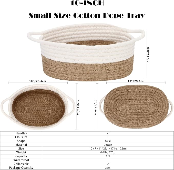 Sea Team 2-Pack Compact Woven Cotton Rope Storage Baskets, Flaxen | Knitted Decorative Organizer Bins with Handles, Portable Oval Containers for Small Items, Keys, Makeup, Jewelry, Trinkets