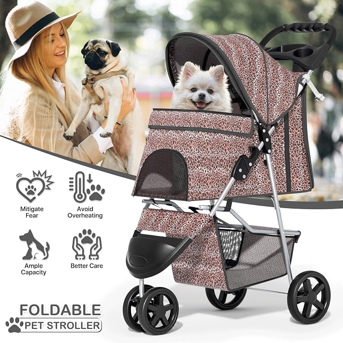 MoNiBloom Pet Stroller for Small/Medium Dogs and Cats, Leopard Print | Foldable Dog Stroller 3 Wheels Pet Strolling Cart w/ Storage Basket Cup Holder, Breathable and Visible Mesh for All-Season
