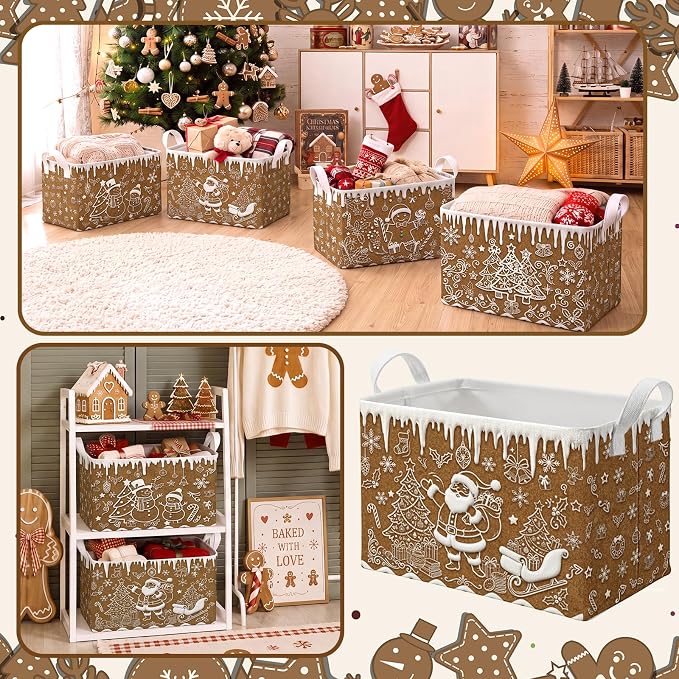 4 Pack Christmas Storage Bin Collapsible Large Christmas Gingerbread Storage Baskets for Gifts Canvas Laundry Basket Foldable Box with Handle for Winter Party Office Home Bedroom Clothes Decor