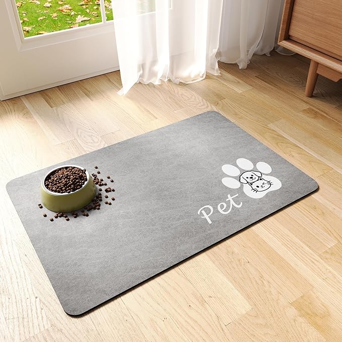 Dog Cat Feeding Mat-Absorbent Pet Bowl Mat for Food and Water, Quick Dry Water Dispenser Mat for Floors with Waterproof Rubber Backing, Puppy Cat Placemat Mats for Messy Drinkers,16"x24",Grey