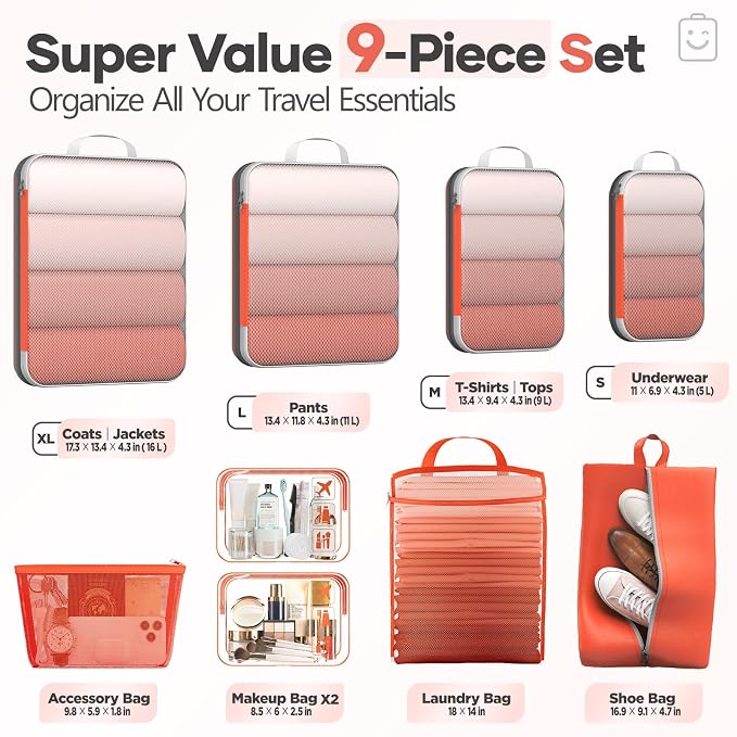 Veken 9/11 Set Compression Packing Cubes Garment Bags for Travel Essentials,Compressible Expandable Luggage Organizer Bags for Clothing,Space Saver Bags with Over 1000 pcs of Mesh Holes(Orange)