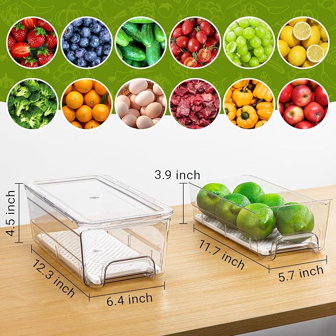 Imncya 5 Pack Refrigerator Organizer Bins, Fridge Organizers and Storage | Stackable Pull-Out, Refrigerator Drawers with Lids, Clear Design with Drain Tray, Fruits Vegetables Snack Storage Containers