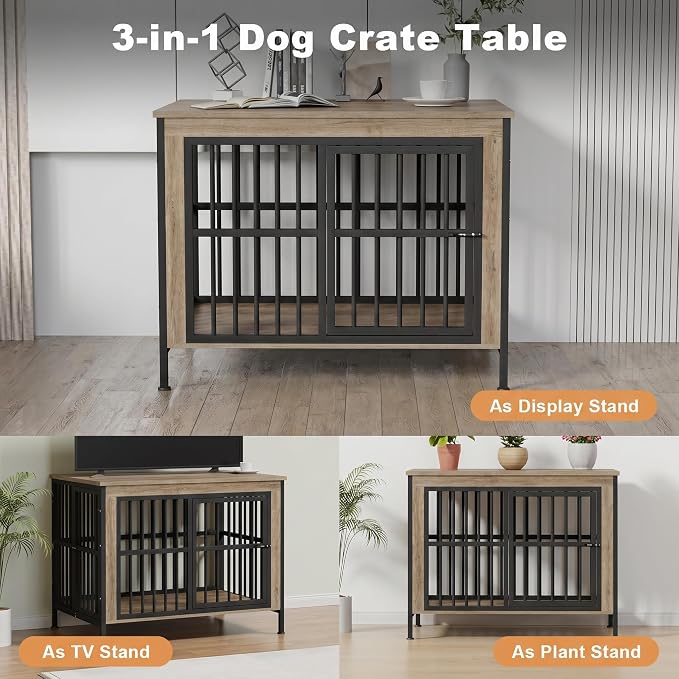 45" Dog Crate Furniture, Decorative Dog Kennels for Large Dogs, Natural | Thick wood, heavy-duty steel, 2-door escape-proof locks, waterproof scratch-resistant, extra-large, stylish, easy assembly