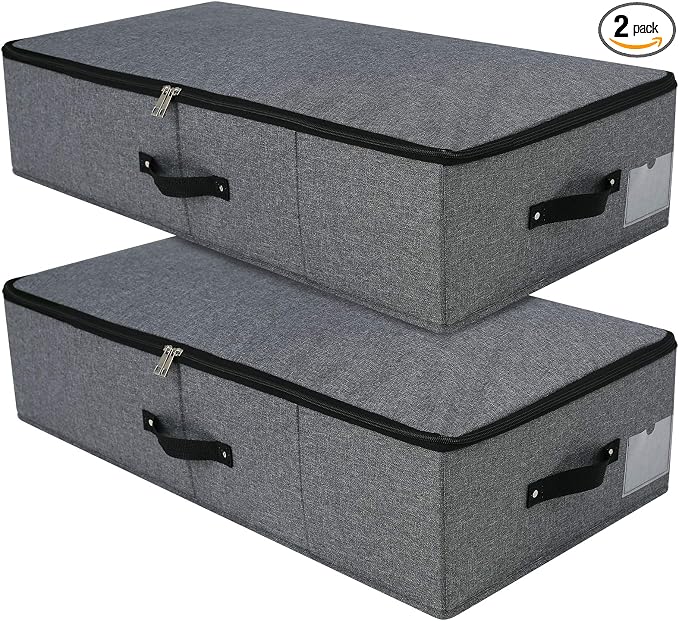 Under Bed Storage Bins with Lids, Closet Organizers, Foldable Under-bed Storage Baskets for Sheets, Clothes, Quilts, Sweaters, Wrapping Paper, 29x15x7inch, Black Gray, 2PCS