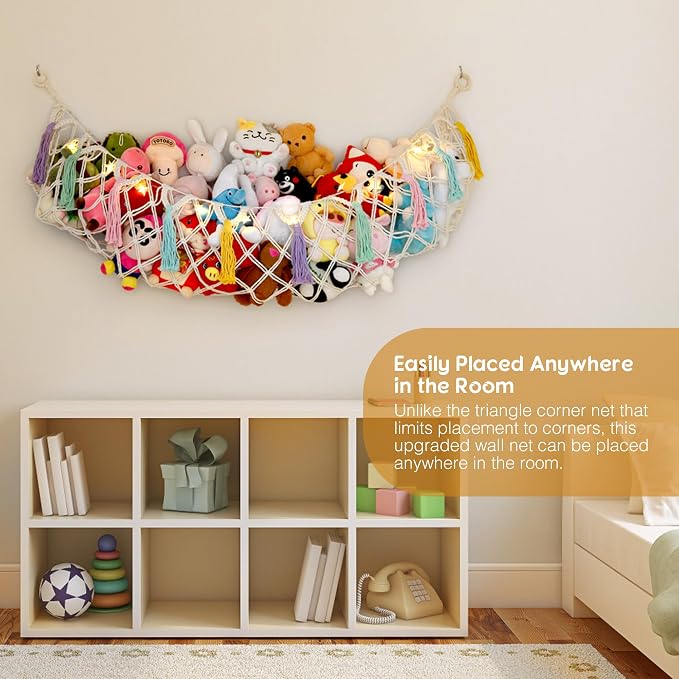 Stuffed Animal Net or Hammock, Large Stuffed Animal Storage Macrame Toy Hammock Hanging Corner Net for Stuffed Animals, Plushie Net Hammock with Star Lights for Boho Kids Room Nursery Playroom Decor