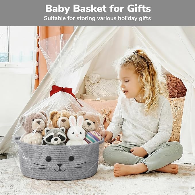 Medium Woven Rope Cat Toy Basket with Cat Face, Grey | 13.8" x 6" Cat Toy Storage Bin for Living Room & Nursery, Pet Gift Basket Empty with Sturdy Handles, Cozy Cats Bed