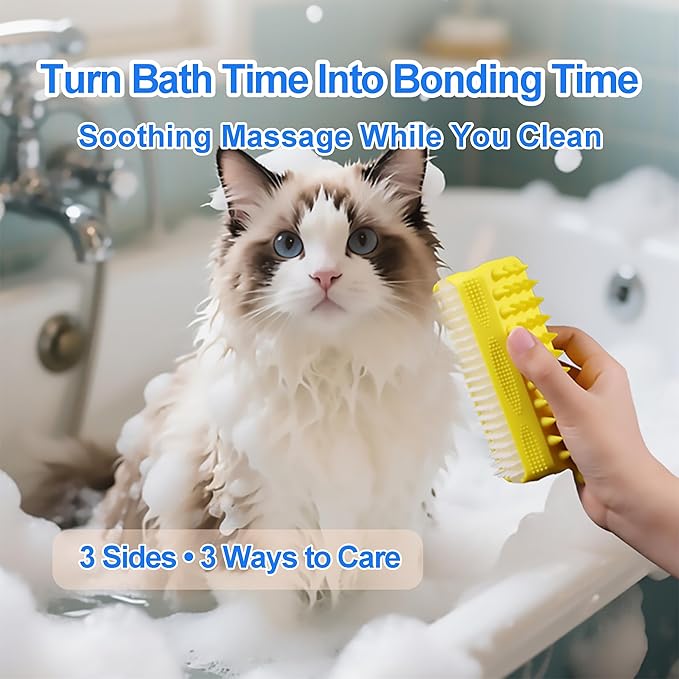 3-in-1 Triangular Dog Bath Brush for Dogs & Cats, Silicone Pet Grooming Brush with Deshedding Bristles, Massage Cones & Deep Cleaning Nubs, Black