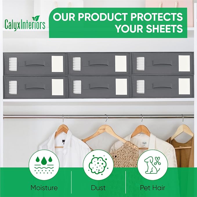 Calyx Interiors Bed Sheet Organizers and Storage | Set of 2 | Reinforced Handle & Zipper | Clear Window & Labeling Slot | Protect Linens from Dust, Moisture & Pet Hair (Queen/King Size, Solid Gray)