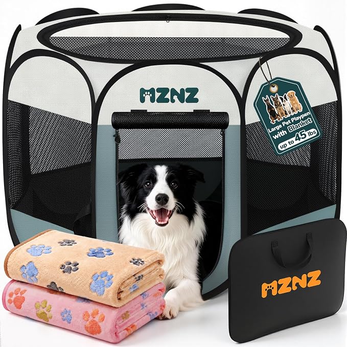 Dog Cat Small Animal Puppy Playpen Crate with 2 Blankets, Large, Grey | Portable Pop Up Pet Cage Enclosure Tent Kennel Indoor Outdoor with Carrying Case, No Assembly, Camping Use