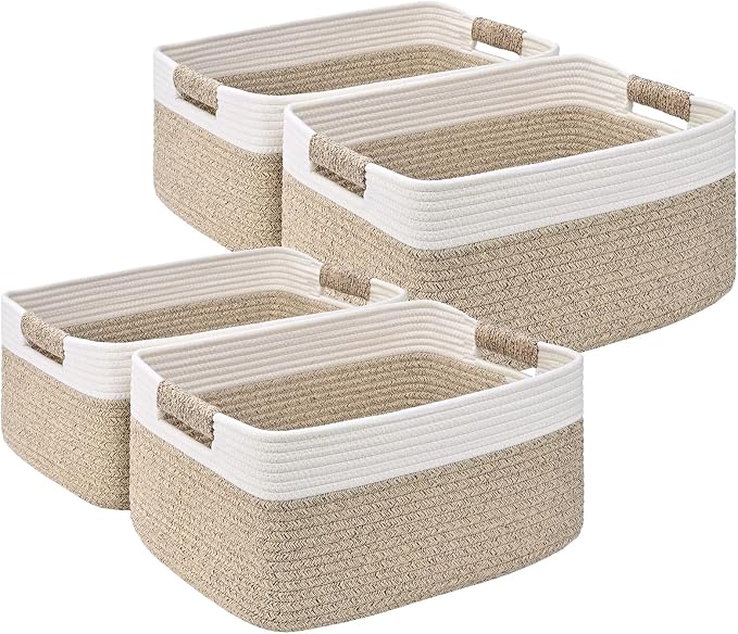4 Pack Large Storage Basket for Organizing, 17.5"x13"x7" Woven Basket for Shelves, Closet Cube Storage Bins with Wrapped Handle, Cotton Rope Baskets for Kitchen, Clothes, Toys(Off White & Brown)