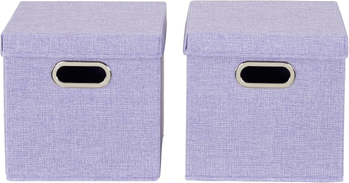 Household Essentials 814-1 Café Cube Bin Storage Set with Lids and Handles | 2 Pack, Purple Linen