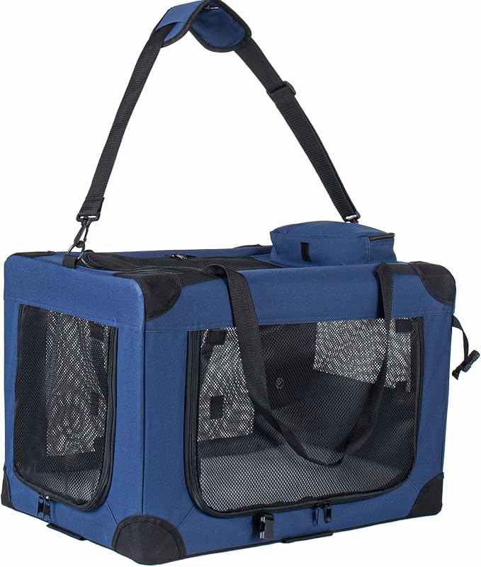 2 in 1 Rolling Dog Crate with Wheels, 24'' Collapsible Travel Pet Carrier for Medium Large Dogs, Portable Folding Kennel with 3-Door Design & Mesh Windows (Dark Blue + 28'')
