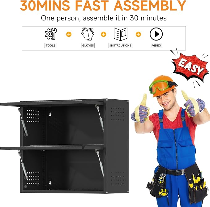 Metal Garage Wall Cabinet with Up-Flip Door, Black Float Tool Cabenit with 2 Doors,Upper Storage Cabinets with Pegboard for Kitchen,Garage,Workshop,Warehouse (25.6" H,Black)