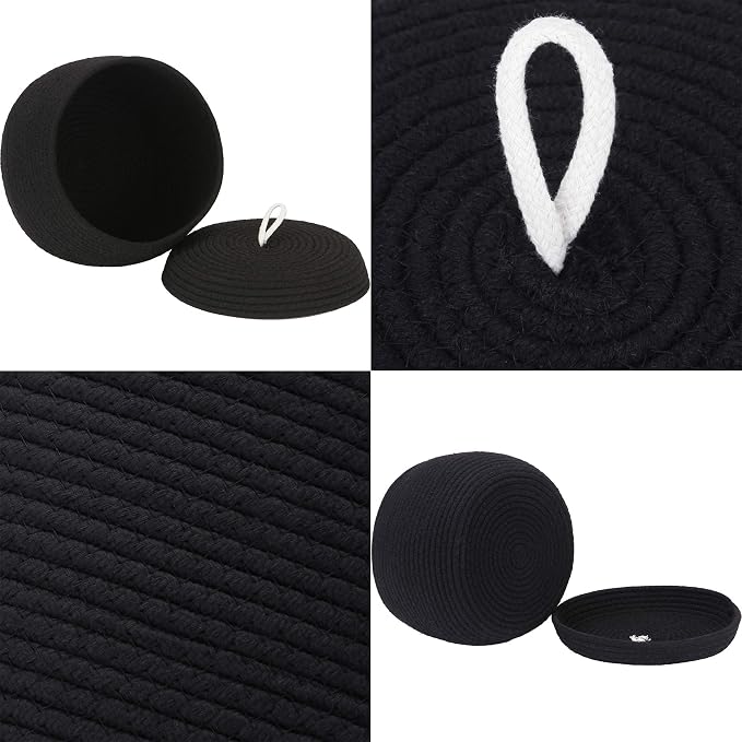 Sea Team Round Woven Cotton Rope Storage Basket with Lid, Black | Lidded Knitted Decorative Storage Bin, Pot, Caddy, Organizer, Container for Snacks, Towels, Plants, 10 x 7.5 Inches
