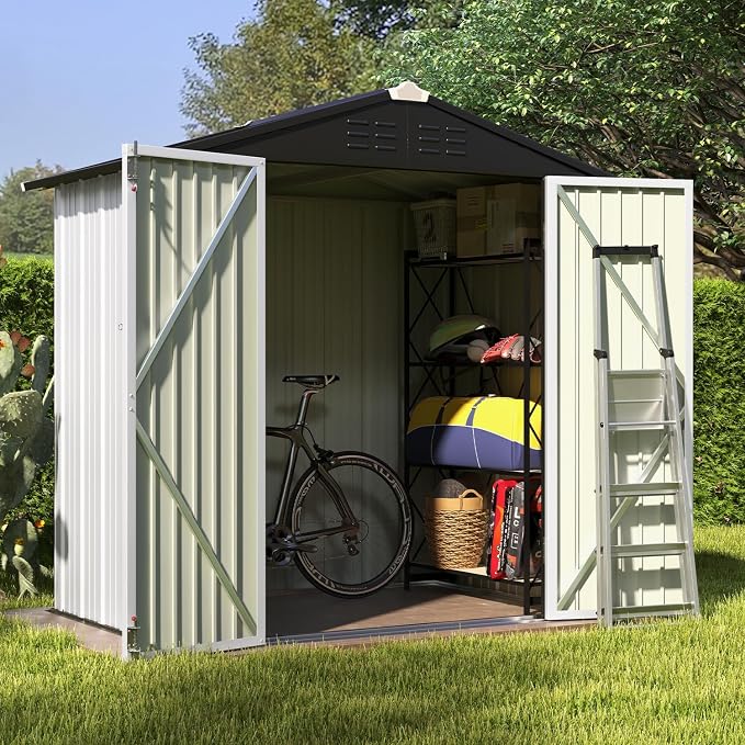 Patiowell 6x4 FT Outdoor Storage Shed, White | Garden Tool Storage Shed, Sloping Roof, Double Lockable Door, For Garden Backyard Patio Lawn