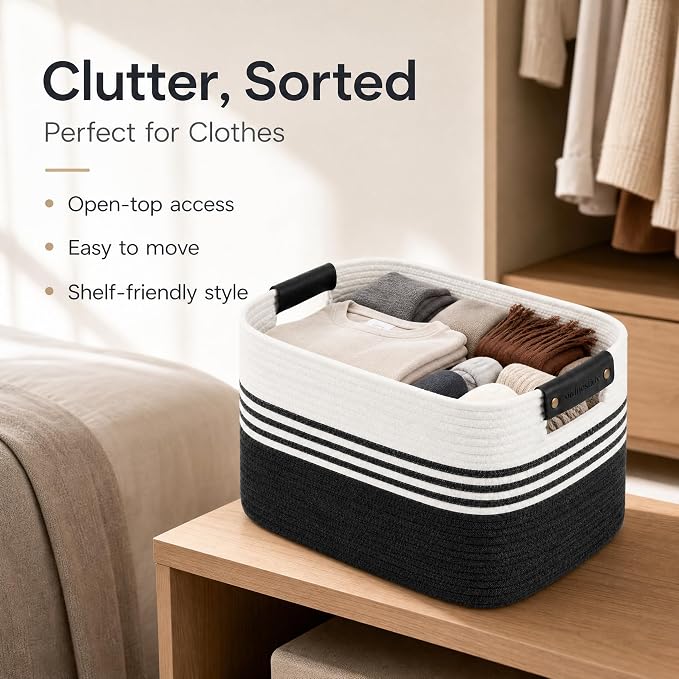 Cotton Rope Laundry Basket Small, 12.8GAL Collapsible Woven Storage Baskets for Living Room Kids Toys Stuffed Animal,Boho Rectangular Decorative Short Hamper for Dirty Clothes, Blankets White Black