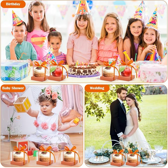 12 PCS Clear Cupcake Boxes 3.5 Inch Cupcake Containers (Orange) | Disposable Cupcake Carrier Plastic Individual Cupcake Storage Holder with Ribbons and Inserts for Wedding, Birthday Party