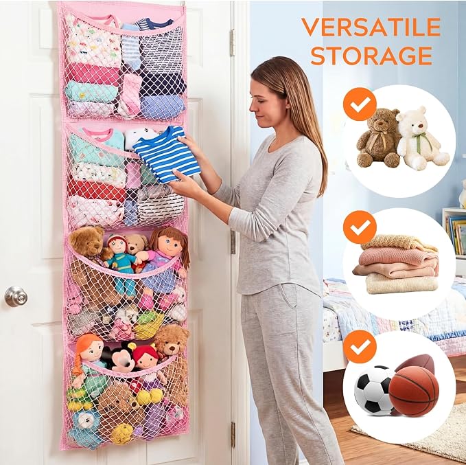 Over The Door Stuffed Animal Storage, Cotton Toy Organizer for Storage Plush Toys,Baby Supplies, Stuffed Animal Holder with 4 Large Pockets, Hanging Door Organizer for Nursery, Bedroom (Pink)